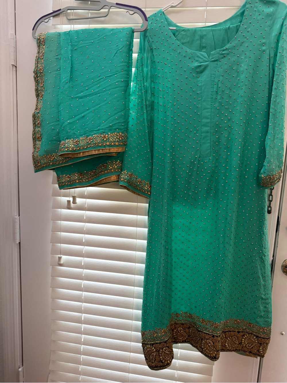 Green Embellished Women’s Dress with Gold Trim